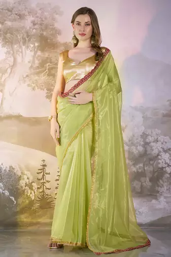 Pista twill net c solid fancy designer saree