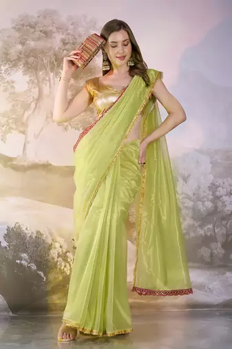 Pista twill net c solid fancy saree