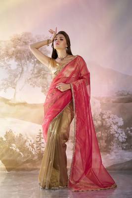 Rust twill net c solid fancy saree 1