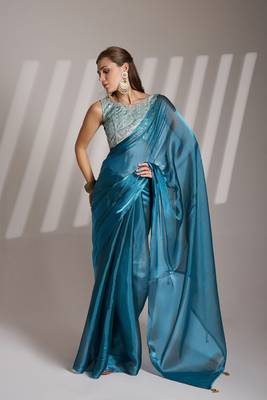 Blue twill net c solid fancy saree 1