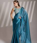 Blue twill net c solid fancy saree