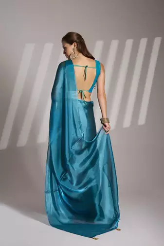 Blue twill net c solid fancy saree