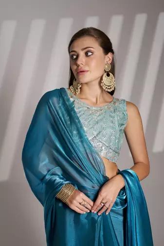 Blue twill net c solid fancy saree