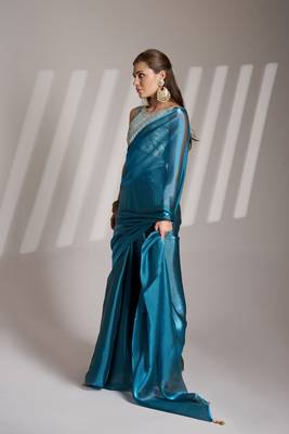 Blue twill net c solid fancy saree 4