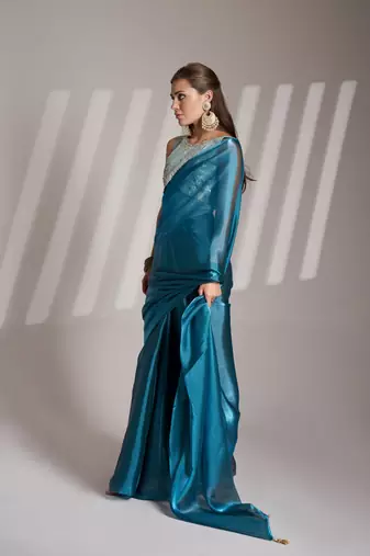 Blue twill net c solid fancy saree