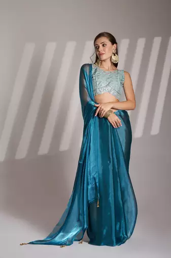Blue twill net c solid fancy saree