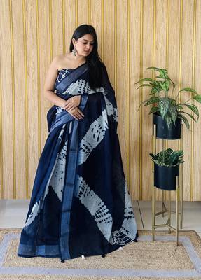Blue linen cotton digital batik printed traditional looks saree 1
