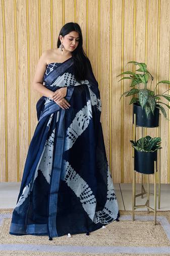 Blue linen cotton digital batik printed traditional looks saree