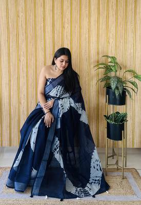 Blue linen cotton digital batik printed traditional looks saree 2