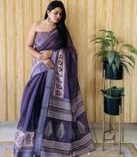 Purple linen cotton digital batik printed traditional looks saree