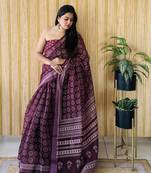 Wine linen cotton digital batik printed traditional looks saree