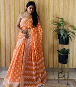 Orange linen cotton digital batik printed traditional looks saree
