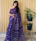 Voilet linen cotton digital batik printed traditional looks saree