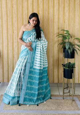 Sea green linen cotton digital batik printed traditional looks saree 1