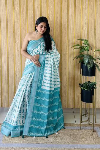 Sea green linen cotton digital batik printed traditional looks saree