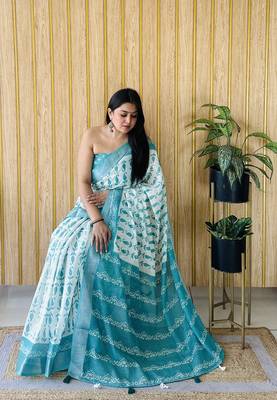 Sea green linen cotton digital batik printed traditional looks saree 2