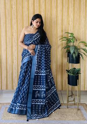 Blue linen cotton digital batik printed traditional looks saree 1