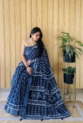 Blue linen cotton digital batik printed traditional looks saree 2