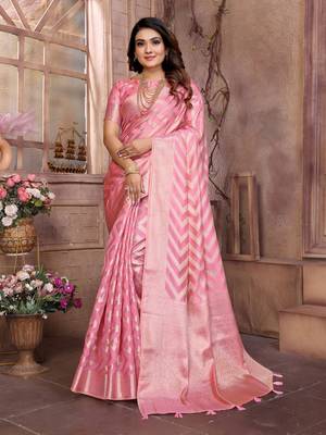 Pink organza c wevon jari heavy ceremonial saree 1