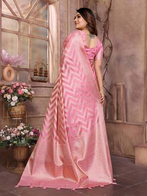 Pink organza c wevon jari heavy ceremonial saree 2