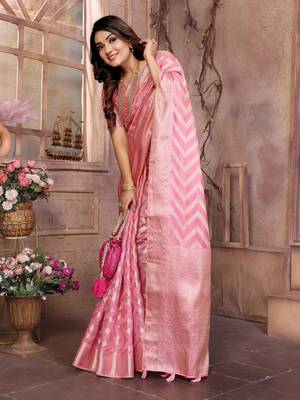 Pink organza c wevon jari heavy ceremonial saree 4