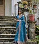 Firozi kalyani silk blend elegant festive wear heavy woven saree