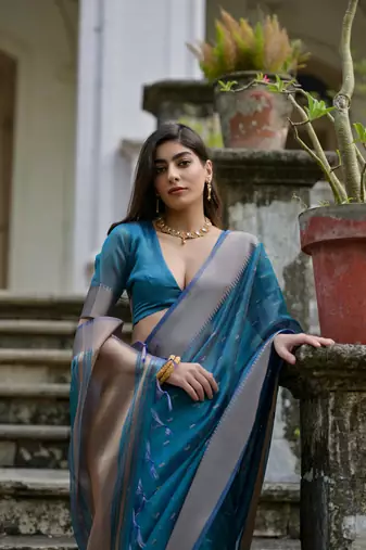 Firozi kalyani silk blend elegant festive wear heavy woven saree