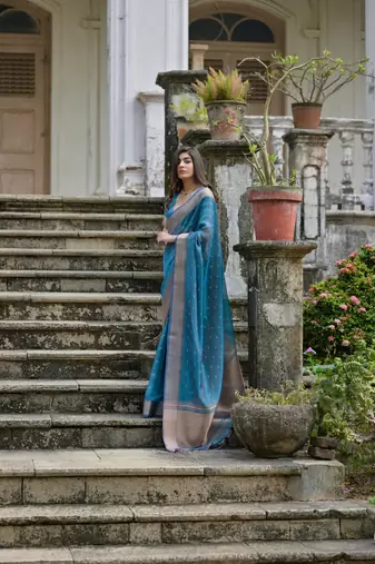 Firozi kalyani silk blend elegant festive wear heavy woven saree