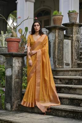 Mustard kalyani silk blend elegant festive wear heavy woven saree 1
