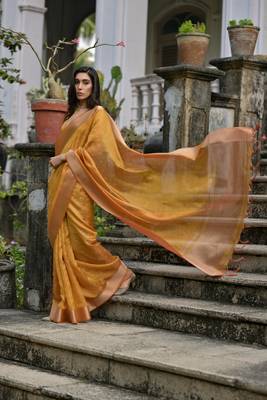 Mustard kalyani silk blend elegant festive wear heavy woven saree 2