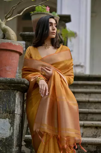 Mustard kalyani silk blend elegant festive wear heavy woven saree