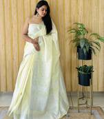 Yellow linen partywear woven saree for sophisticated rich looks