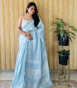 Sky blue linen partywear woven saree for sophisticated rich looks