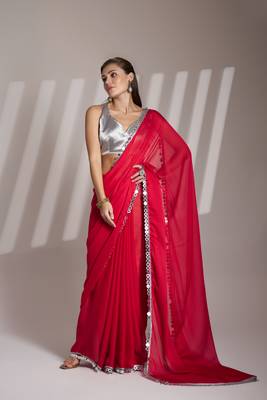 Red partywear satin rangoli saree 1
