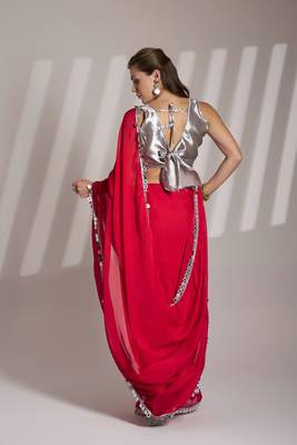Red partywear satin rangoli saree 2