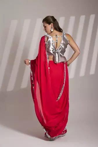 Red partywear satin rangoli saree