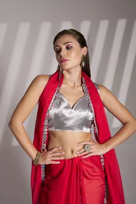Red partywear satin rangoli saree 3