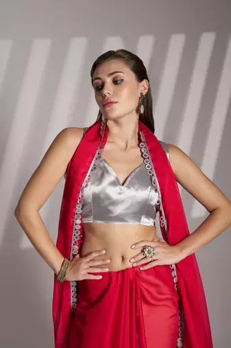 Red partywear satin rangoli saree