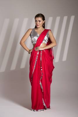 Red partywear satin rangoli saree 4