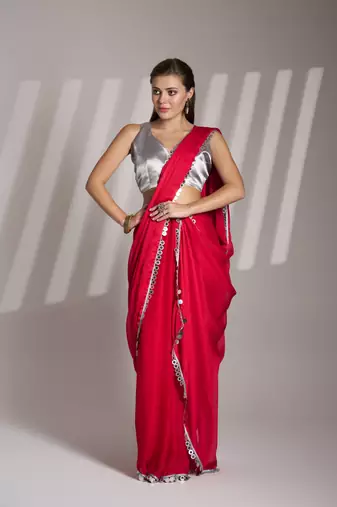 Red partywear satin rangoli saree