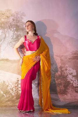 Yellow partywear chiffon saree 1