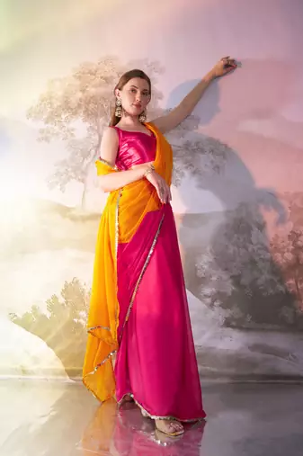 Yellow partywear chiffon saree