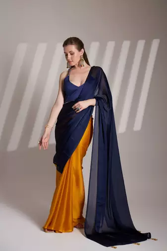 Blue partywear satin rangoli saree