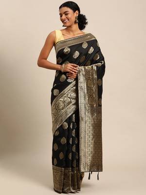 black banarasi silk blend jacquard woven golden zari butta saree with blouse piece 1