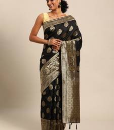 black banarasi silk blend jacquard woven golden zari butta saree with blouse piece