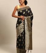 black banarasi silk blend jacquard woven golden zari butta saree with blouse piece