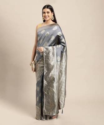 grey banarasi silk blend jacquard woven golden zari butta saree with blouse piece 1