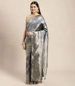 grey banarasi silk blend jacquard woven golden zari butta saree with blouse piece
