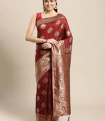 maroon banarasi silk blend jacquard woven golden zari butta saree with blouse piece