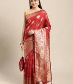 red banarasi silk blend jacquard woven golden zari butta saree with blouse piece